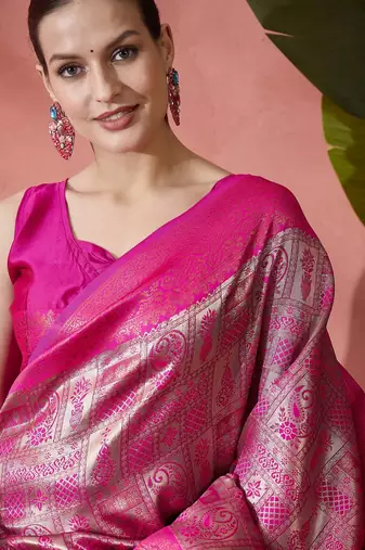 Pink woven zari silk blend saree