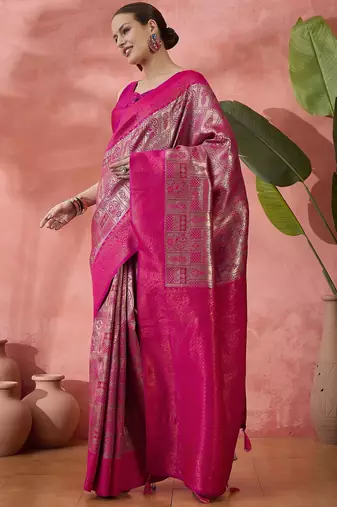 Pink woven zari silk blend saree