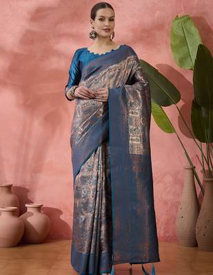 Teal woven zari silk blend saree 1