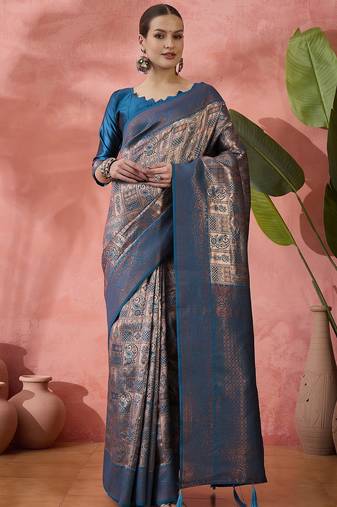 Teal woven jari silk blended saree