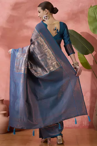 Teal woven zari silk blend saree
