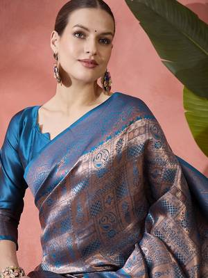Teal woven zari silk blend saree 3