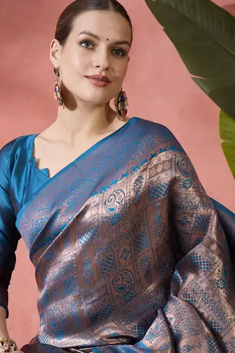 Teal woven zari silk blend saree