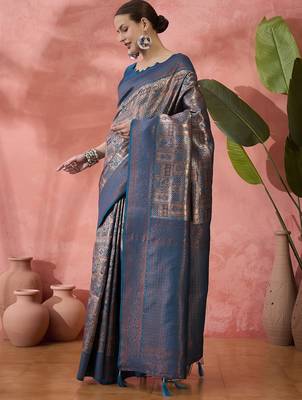 Teal woven zari silk blend saree 4