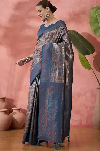 Teal woven zari silk blend saree