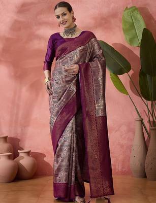 Purple woven zari silk blend saree 1