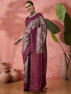 Purple woven zari silk blend saree 4