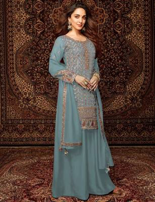 Sky embroidered chinon palazzo style salwar suit 1