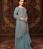 Sky embroidered chinon semi-palazzo style salwar suit