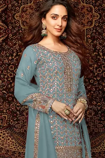 Sky embroidered chinon palazzo style salwar suit
