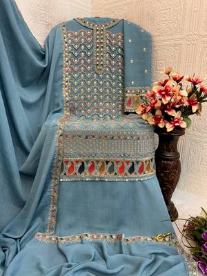Sky embroidered chinon palazzo style salwar suit 3