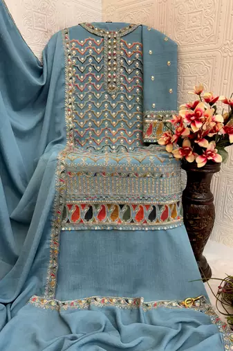 Sky embroidered chinon palazzo style salwar suit