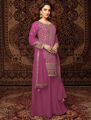 Pink embroidered chinon palazzo style salwar suit 1