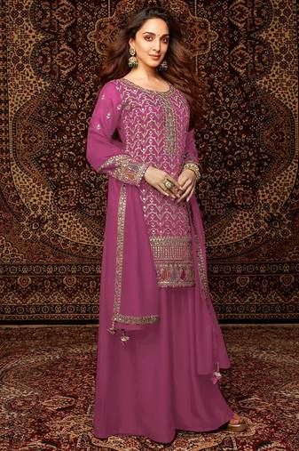 Pink embroidered chinon semi-palazzo style salwar suit
