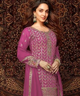 Pink embroidered chinon palazzo style salwar suit 2