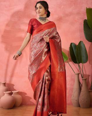 maroon woven zari silk blend saree 1