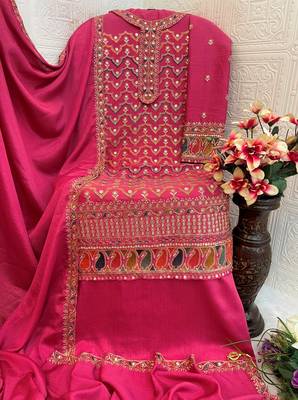 Pink embroidered chinon palazzo style salwar suit 3