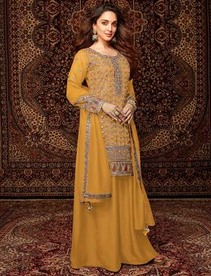 Yellow embroidered chinon semi-palazzo style salwar suit 1