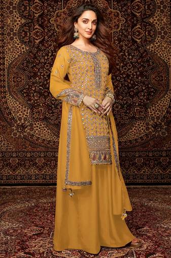 Yellow embroidered chinon semi-palazzo style salwar suit