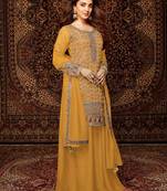 Yellow embroidered chinon semi-palazzo style salwar suit