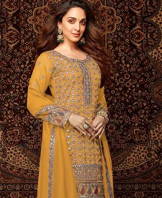Yellow embroidered chinon semi-palazzo style salwar suit 2