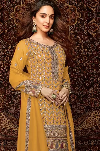 Yellow embroidered chinon semi-palazzo style salwar suit