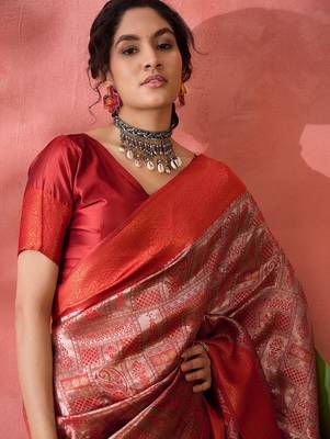 maroon woven zari silk blend saree 3