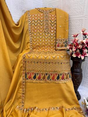 Yellow embroidered chinon semi-palazzo style salwar suit 3