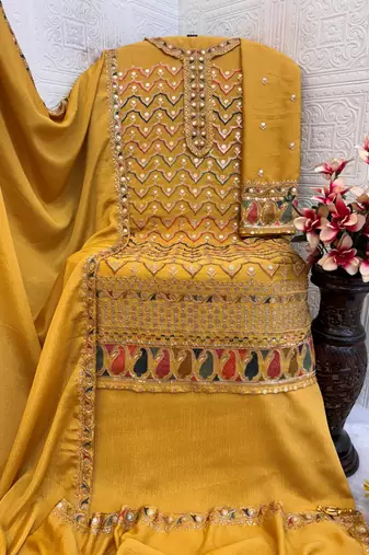 Yellow embroidered chinon semi-palazzo style salwar suit