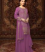 Light purple embroidered chinon semi-palazzo style salwar suit