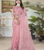 Pink sequins with thread embroidered butterfly net saree
