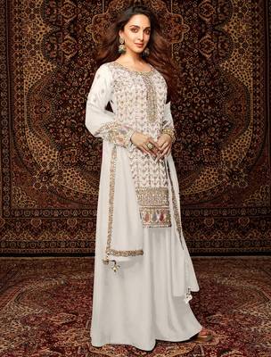 White embroidered chinon semi-palazzo style salwar suit 1