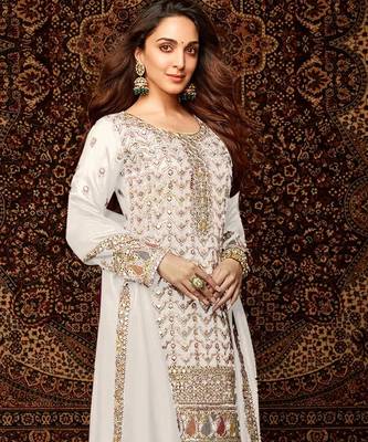 White embroidered chinon semi-palazzo style salwar suit 2