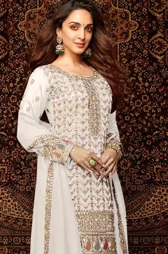 White embroidered chinon semi-palazzo style salwar suit