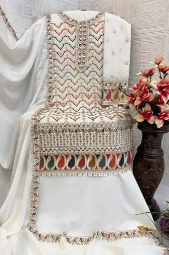 White embroidered chinon semi-palazzo style salwar suit