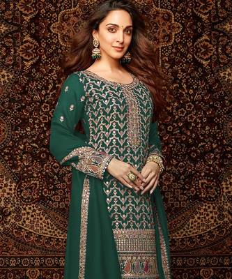 Green embroidered chinon palazzo style salwar suit 2