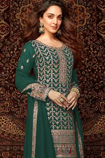 Green embroidered chinon palazzo style salwar suit