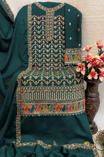 Green embroidered chinon palazzo style salwar suit