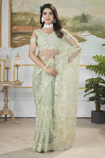 Pista sequins with thread embroidered butterfly net saree