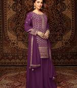 Purple embroidered chinon palazzo style salwar suit