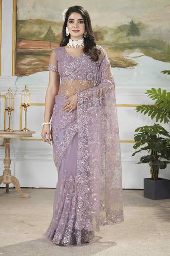 Purple sequins with thread embroidered butterfly net saree
