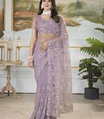 Purple sequins with thread embroidered butterfly net saree