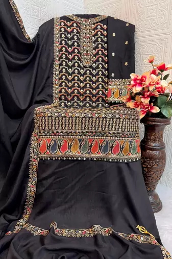 Black embroidered chinon palazzo style salwar suit