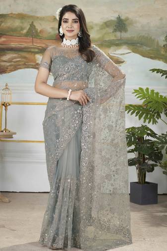 Grey sequins with thread embroidered butterfly net saree