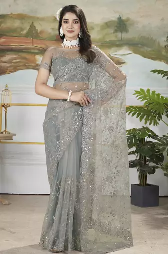 Grey sequins with thread embroidered butterfly net saree