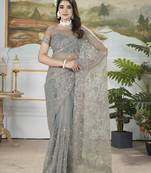 Grey sequins with thread embroidered butterfly net saree