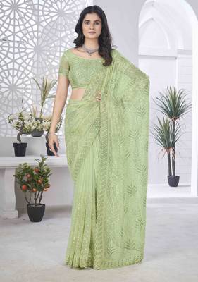 Pista tissue net sequin multi thread embroidered saree with cut work 1