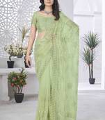 Pista tissue net sequin multi thread embroidered saree with cut work
