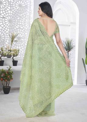 Pista tissue net sequin multi thread embroidered saree with cut work 3