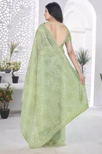 Pista tissue net sequin multi thread embroidered saree with cut work